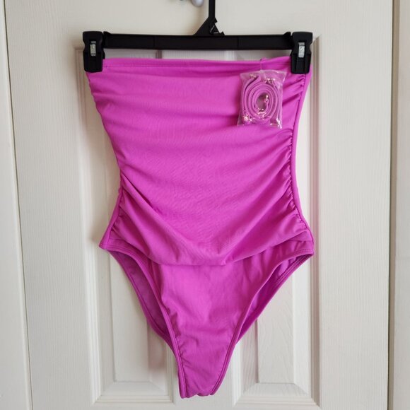 Womens Ribbed One Piece Swimsuit w Detachable Straps Shade & Shore Bright Pink M - Picture 1 of 11